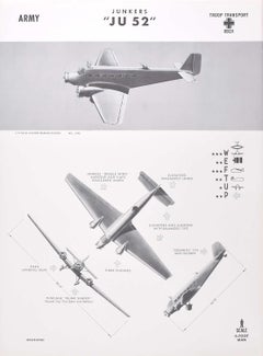 Vintage 1942 Junkers "JU 52" German troop transport plane identification poster WW2