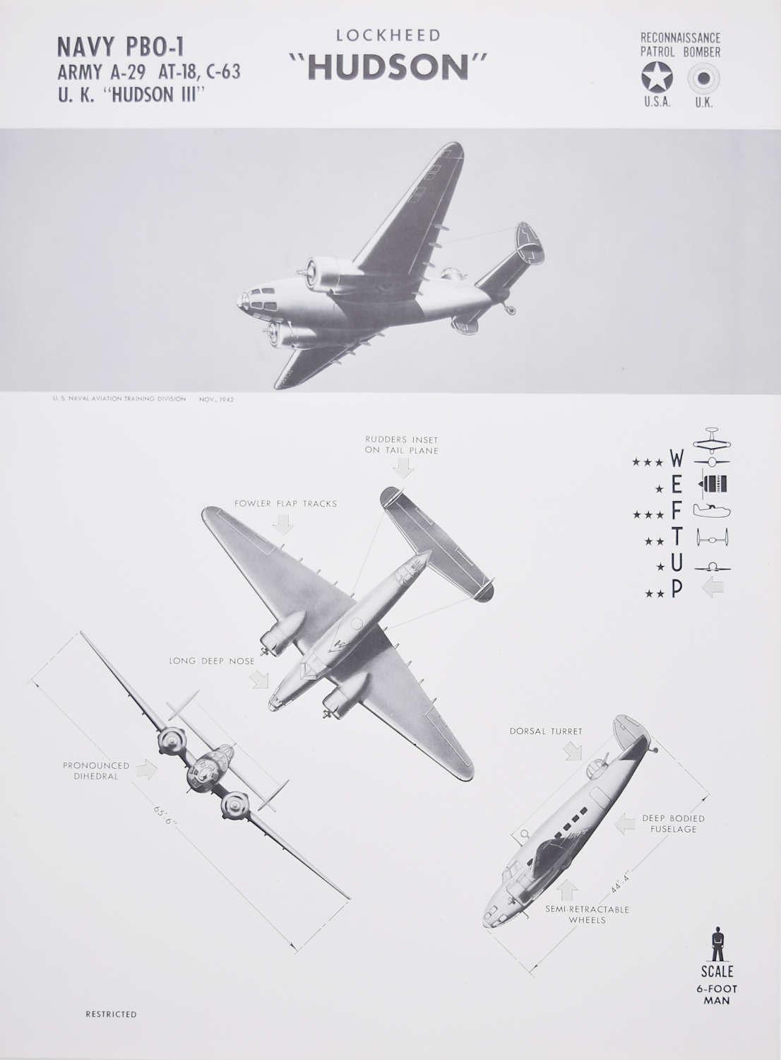 1942 Lockheed "Hudson" patrol aeroplane identification poster WW2 - Print by Unknown