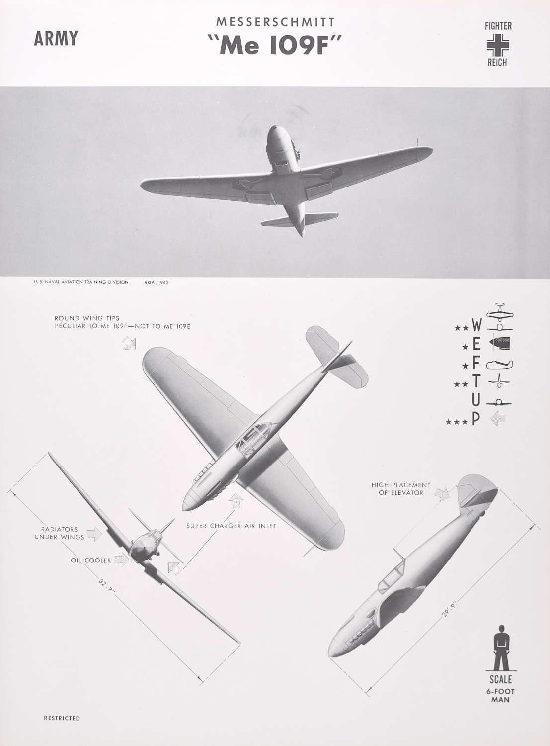 Affiche d'identification d'avions de chasseur allemands Reich Messerschmitt « Me109F » de 1942, Seconde Guerre mondiale - Print de Unknown