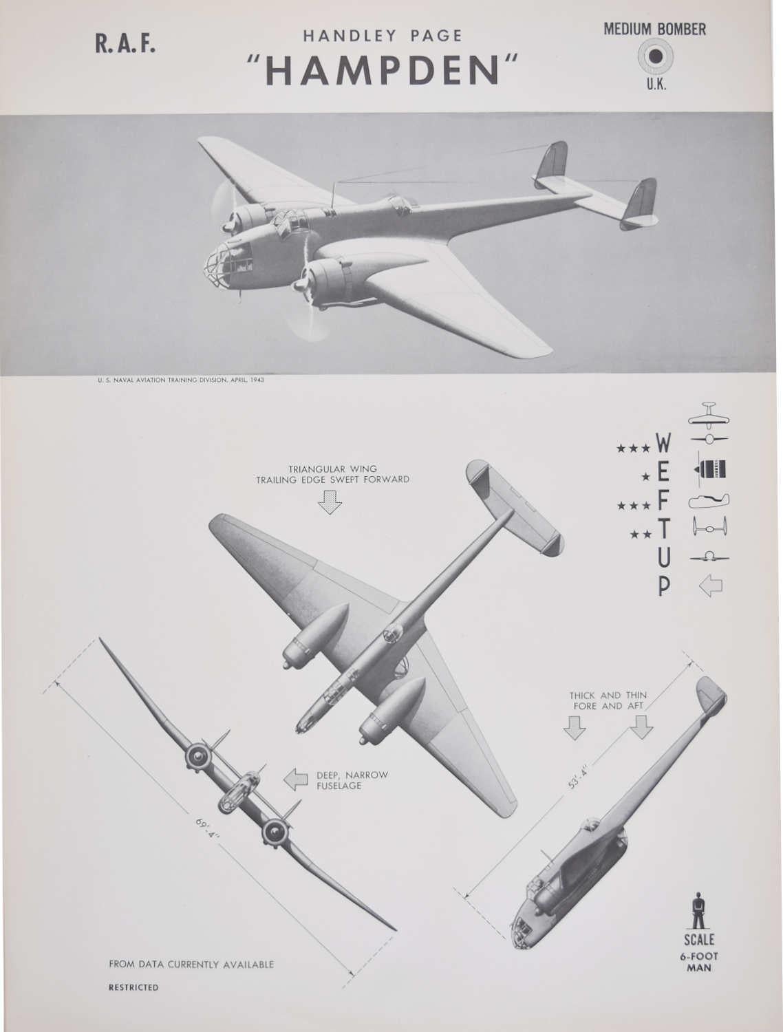 1942 RAF Handley Page "Hampden" bomber aeroplane identification poster ww2 - Print by Unknown