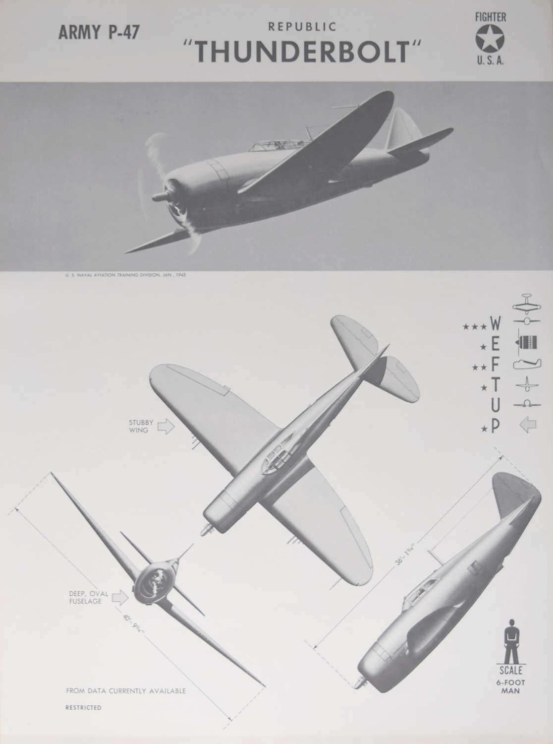 Affiche d'identification des avions de chasseurs américains «underbolt » de la République américaine datant de 1942, Seconde Guerre mondiale - Print de Unknown