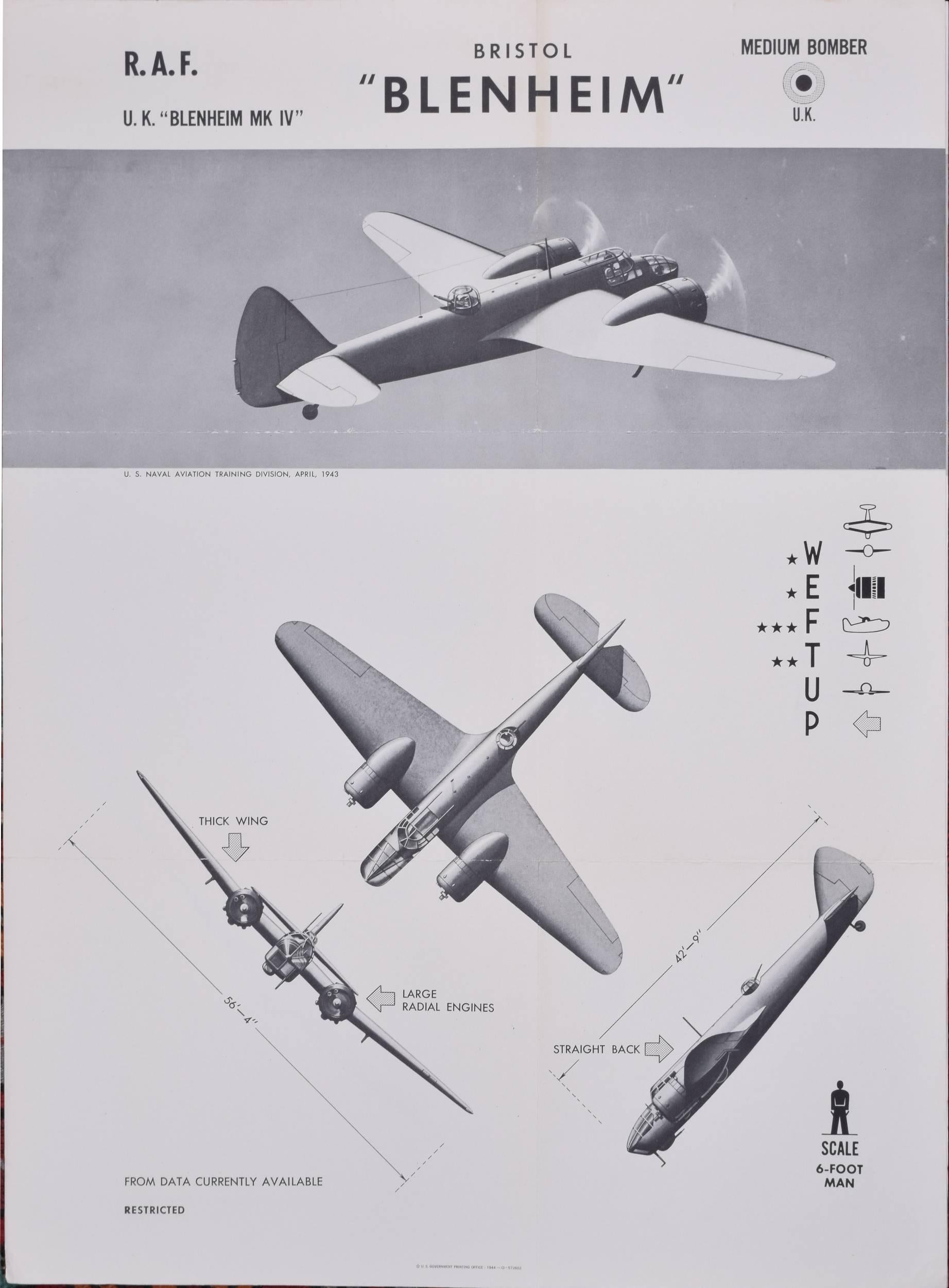 Print Unknown - Affiche de la Royal Air Force Bristol Blenheim de 1943 de la division d'entraînement de l'aviation navale des États-Unis