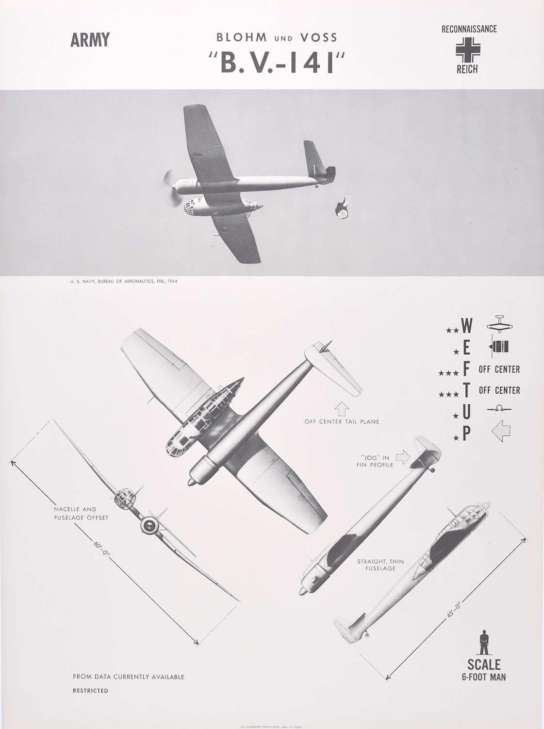1943 Blohm und Voss "B.V.-141" German survey plane identification poster WW2 - Print by Unknown