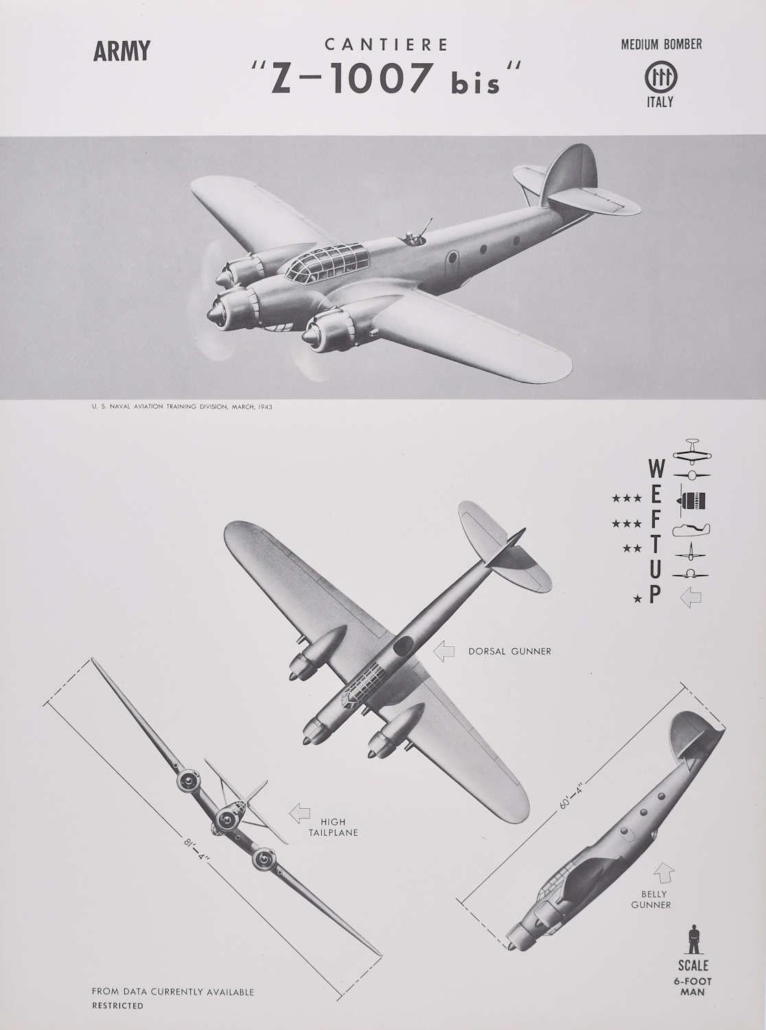 Affiche d'identification d'avions bombardiers de taille moyenne italienne « Z-1007 bis » de 1943 de Cantiere, Seconde Guerre mondiale - Print de Unknown