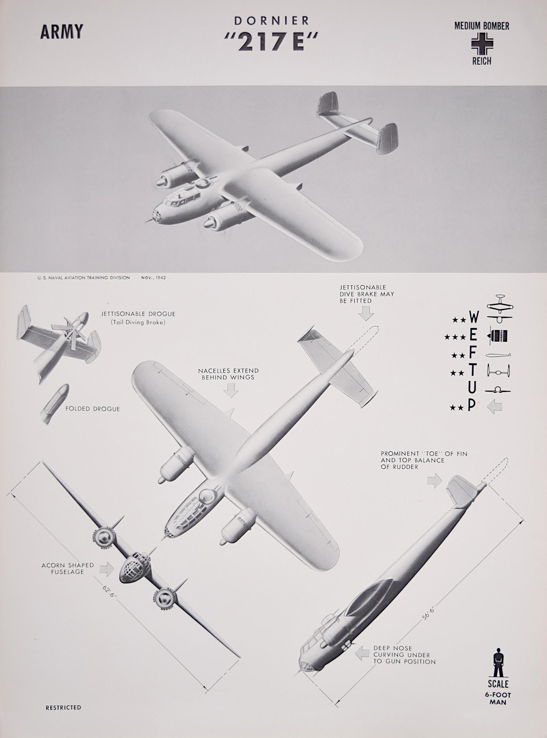 Affiche de reconnaissance d'avions américains Luftwaffe de 1943 Dornier Do 217 datant de la Seconde Guerre mondiale, reconnaissance des avions