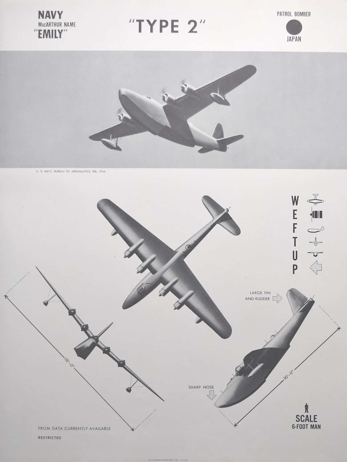 1943 Kawanishi "Type 2" Japanese patrol bomber plane identification poster WW2 - Print by Unknown