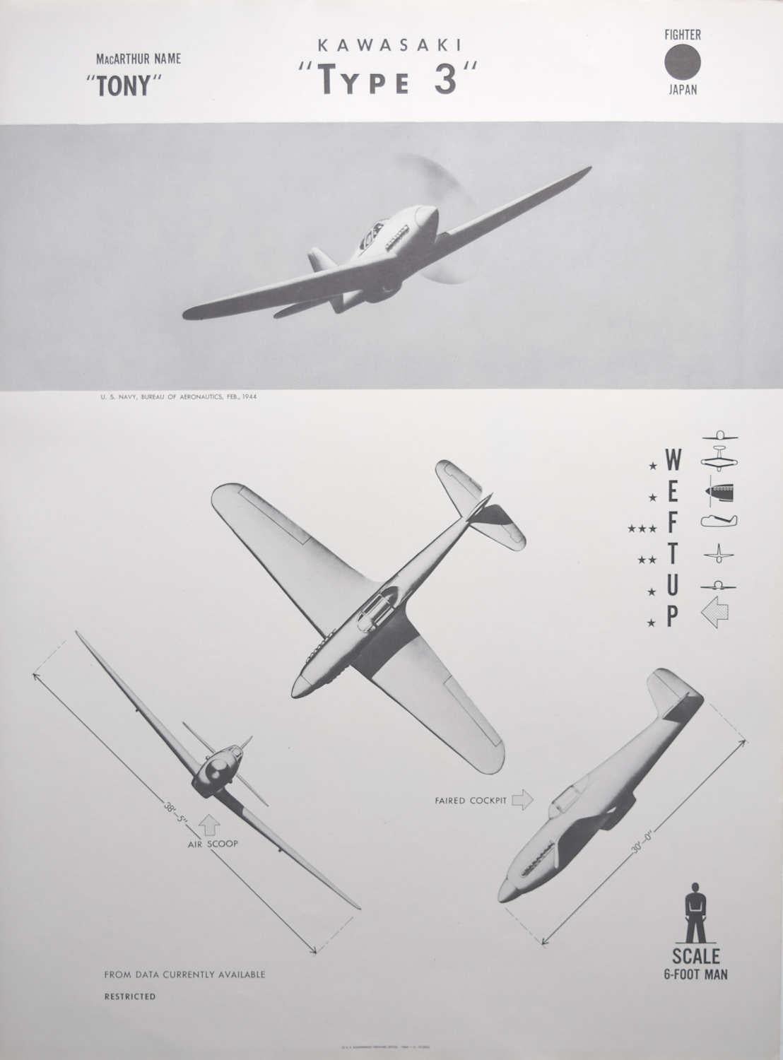 1943 Kawasaki "Type 3" Japanese fighter plane identification poster WW2 - Print by Unknown