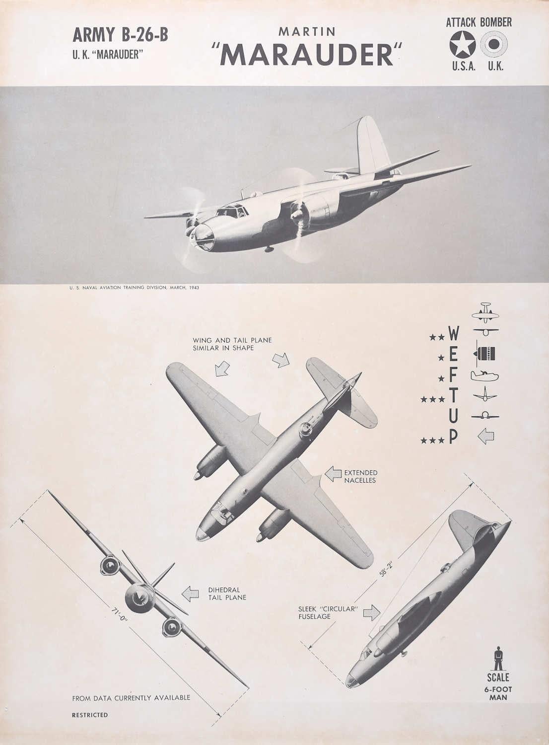 1943 Martin "Marauder" USA UK attack bomber plane identification poster WW2 - Print by Unknown