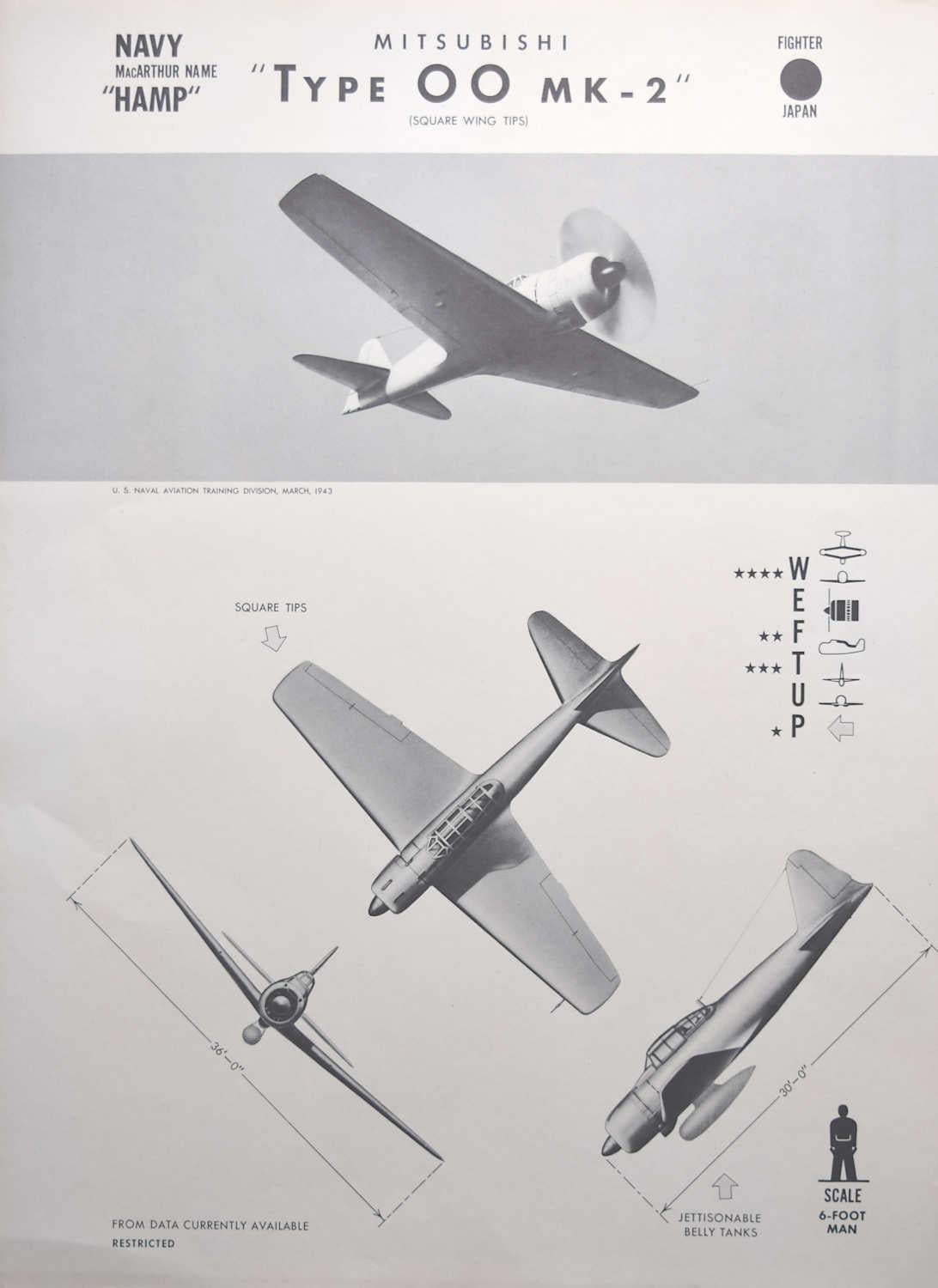 1943 Mitsubishi "Type 00 MK-2" Japanese fighter plane identification poster WW2 - Print by Unknown
