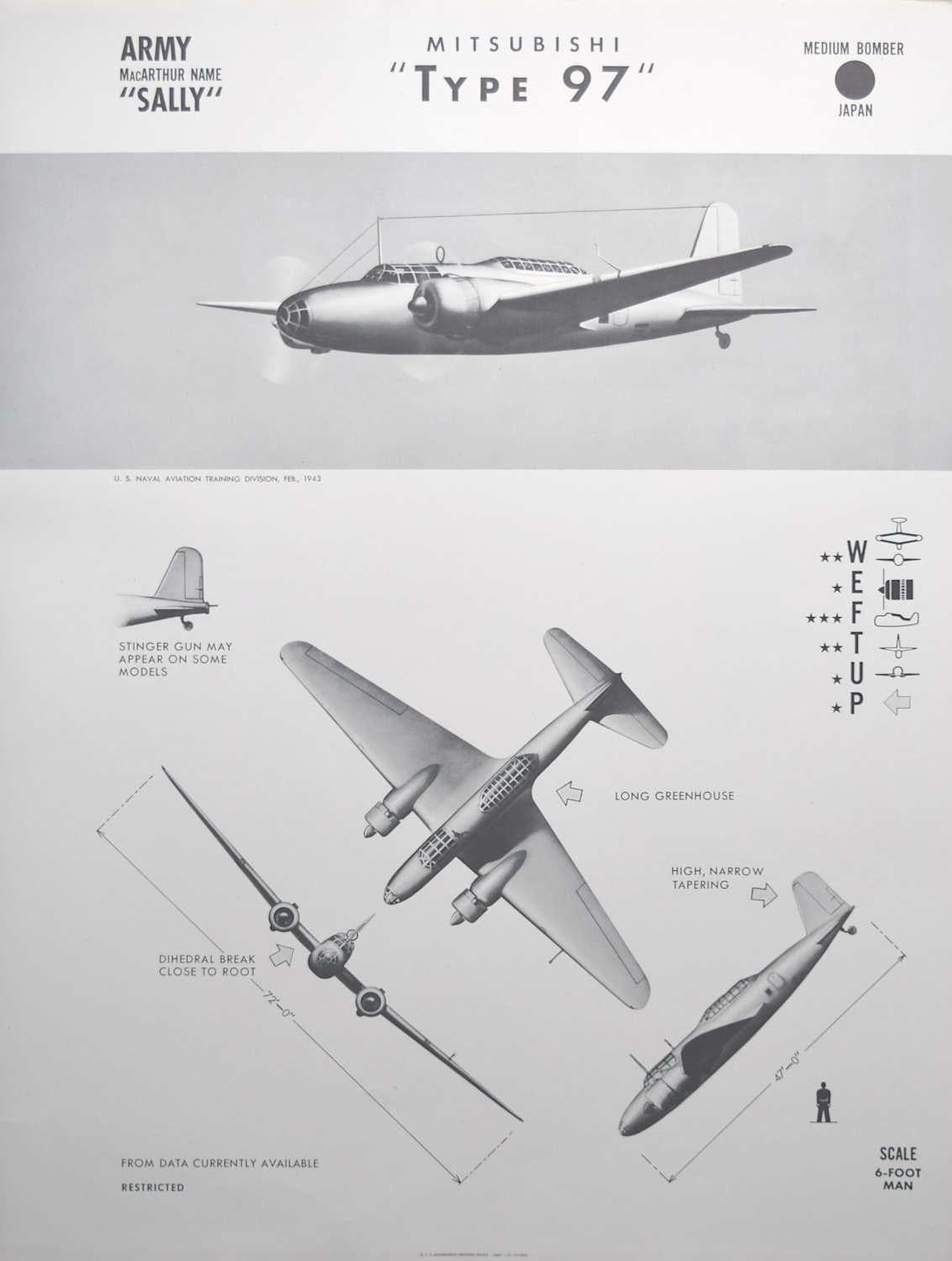 1943 Mitsubisi "Type 97" Japanese medium bomber plane identification poster WW2 - Print by Unknown