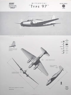 Vintage 1943 Mitsubisi "Type 97" Japanese medium bomber plane identification poster WW2