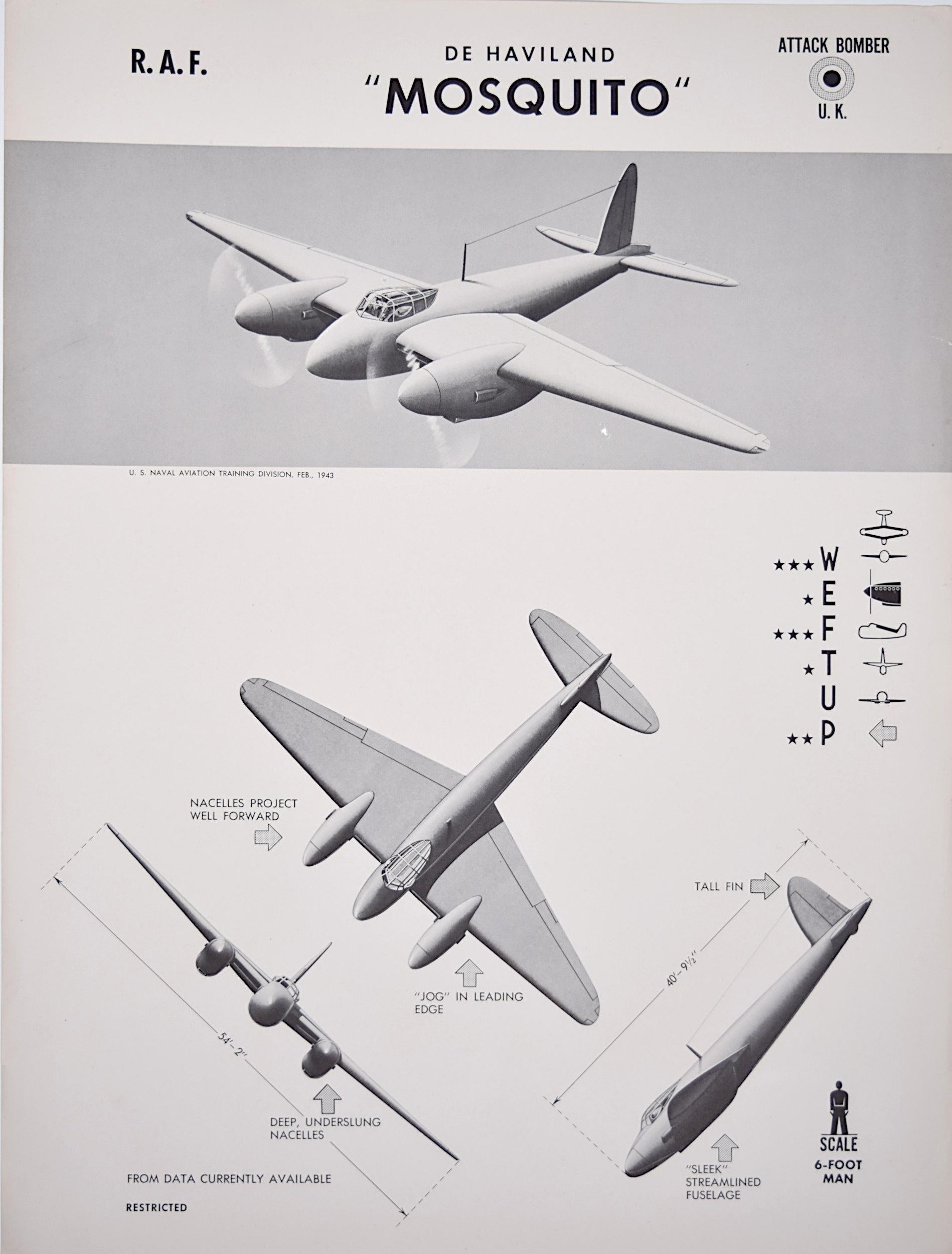 Unknown Print - 1943 Royal Air Force DH Mosquito aeroplane recognition poster pub. US Navy