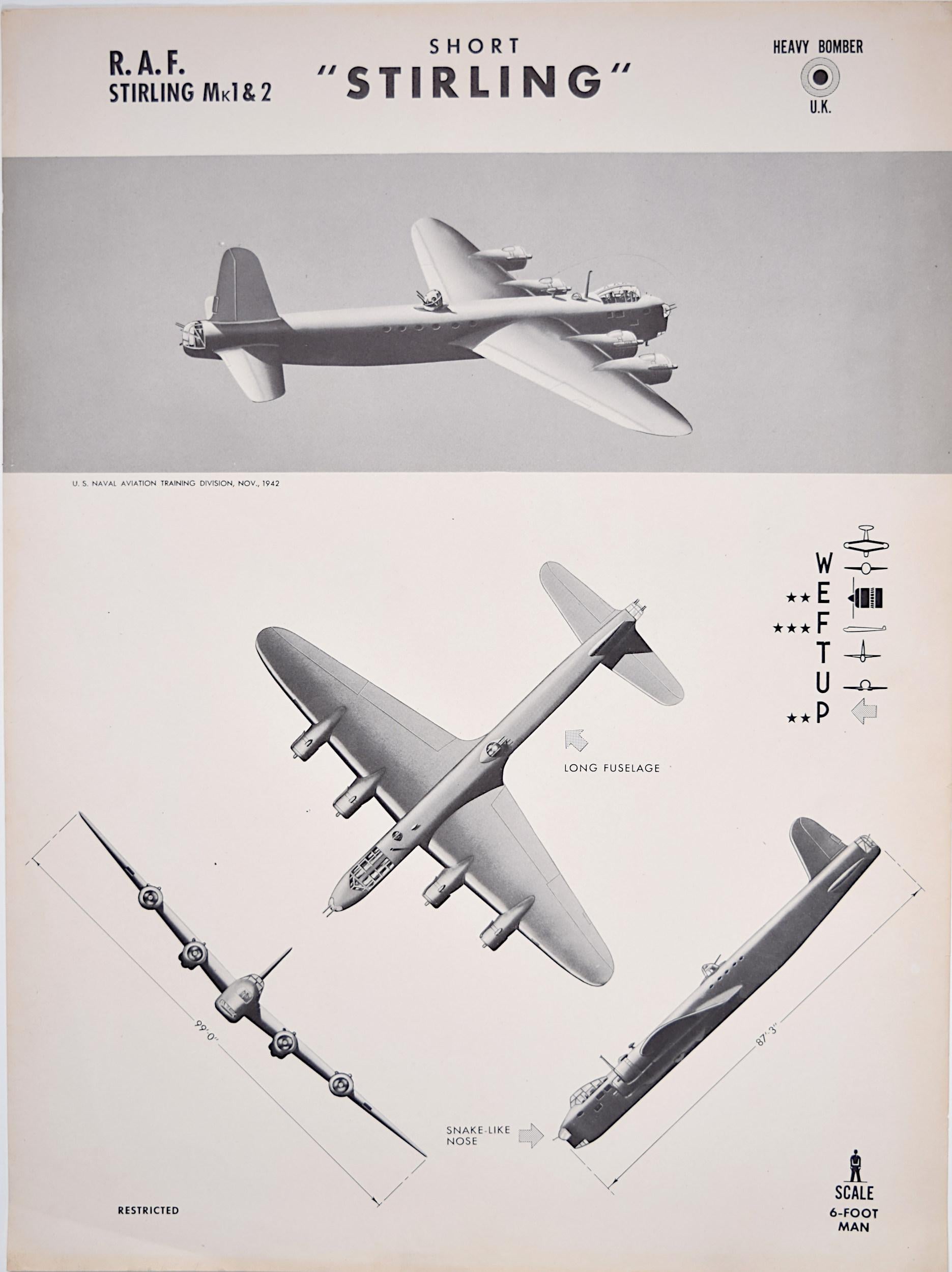 Unknown Print - 1943 Royal Air Force Short Stirling aeroplane recognition poster pub. US Navy