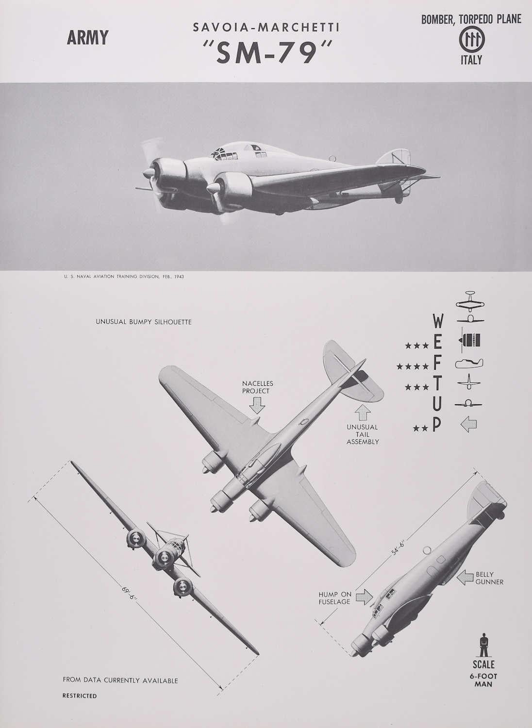 1943 Cartel de identificación del avión bombardero italiano Savoia-Marchetti "SM-79" de la 2ª Guerra Mundial - Print de Unknown