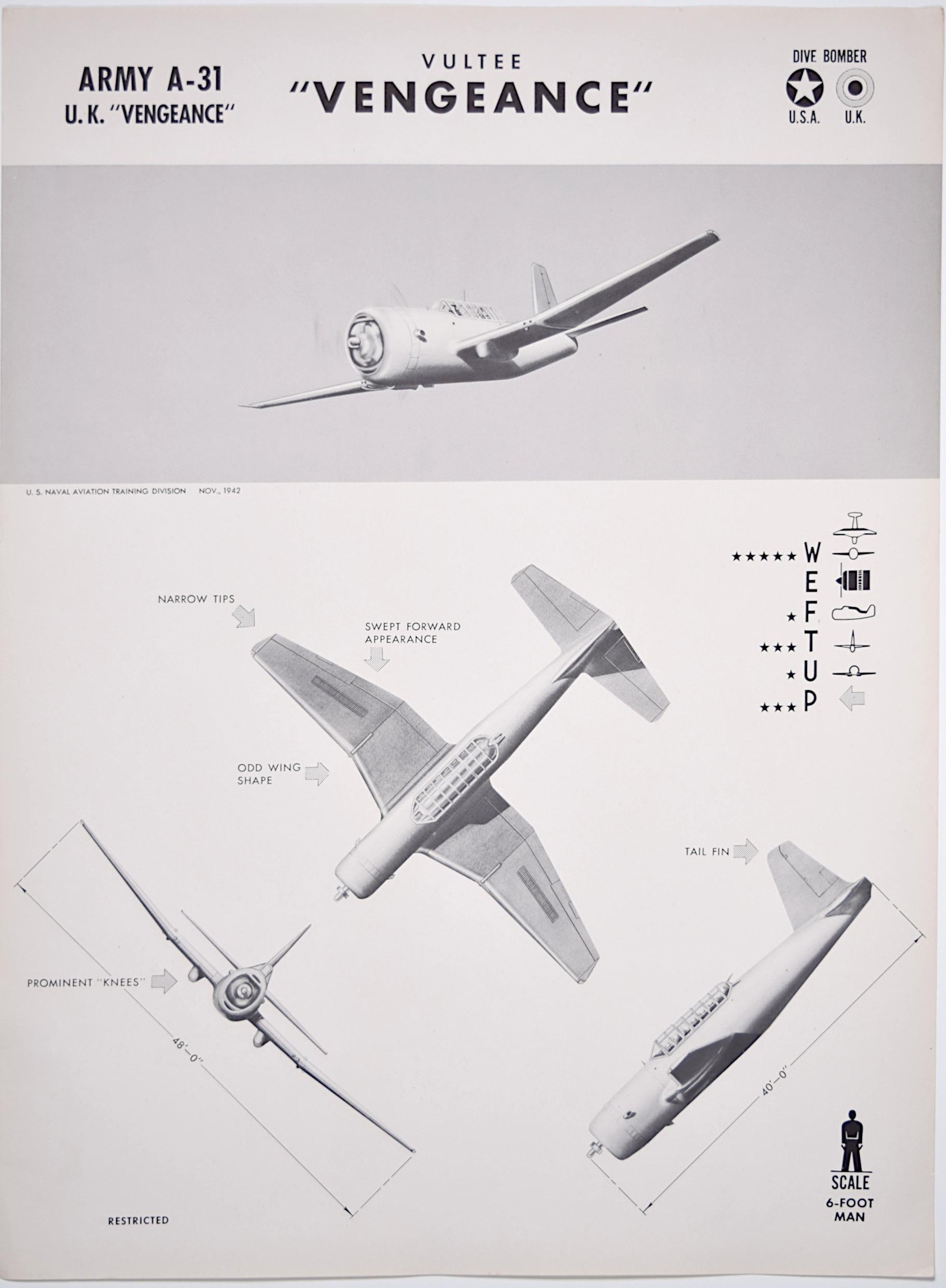 1943 Vultee Vengeance World War 2 aeroplane recognition poster pub. US Navy RAF - Print by Unknown