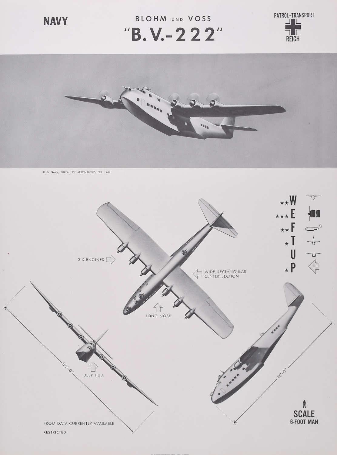 1944 Blohm und Voss "B.V.-222" German patrol plane identification poster WW2 - Print by Unknown