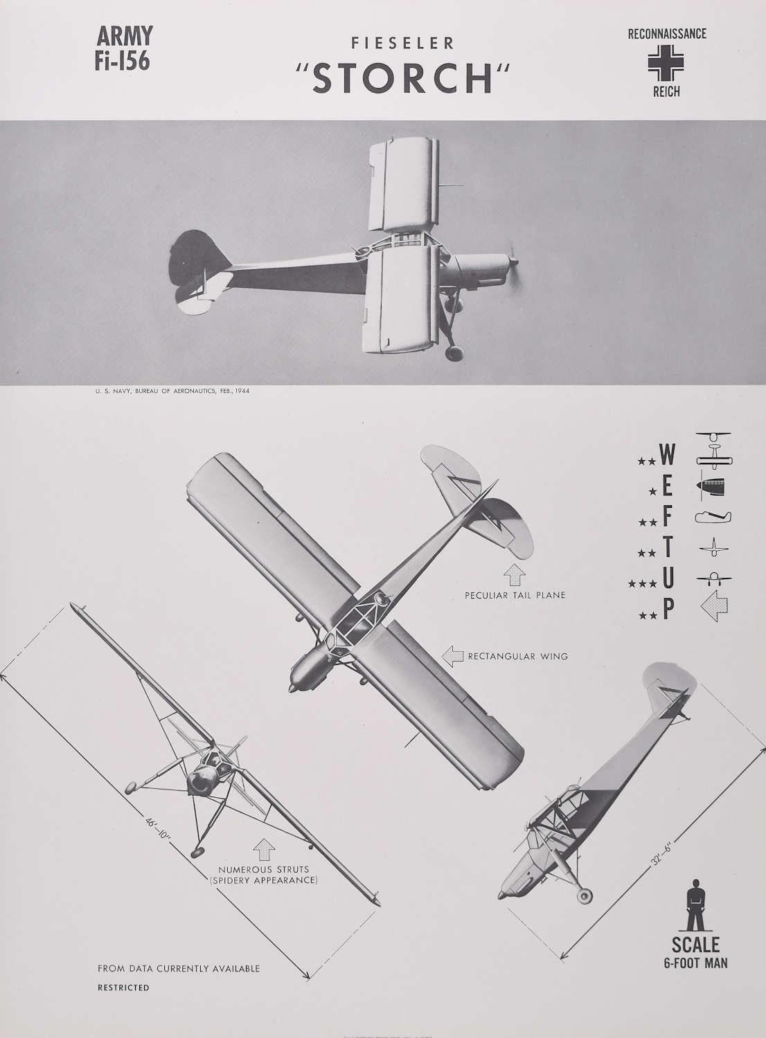 1944 Fieseler "Storch" German reconnaissance plane identification poster WW2