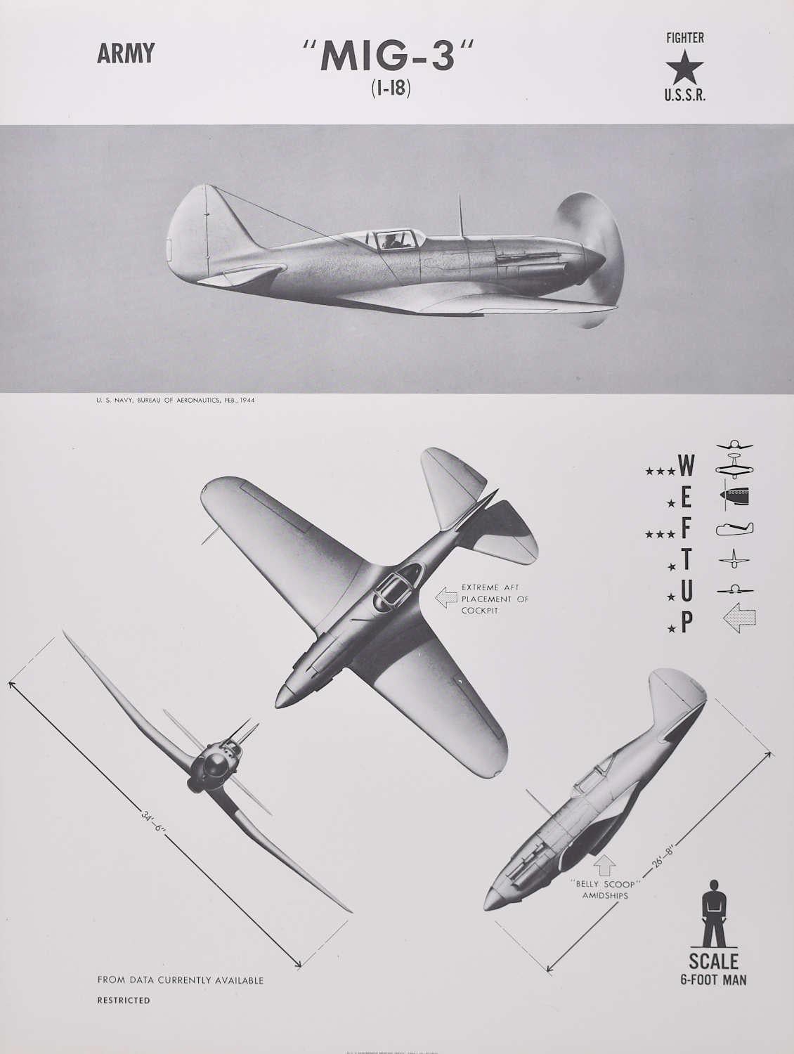 1944 "MIG-3" Russian USSR fighter plane identification poster WW2 - Print by Unknown