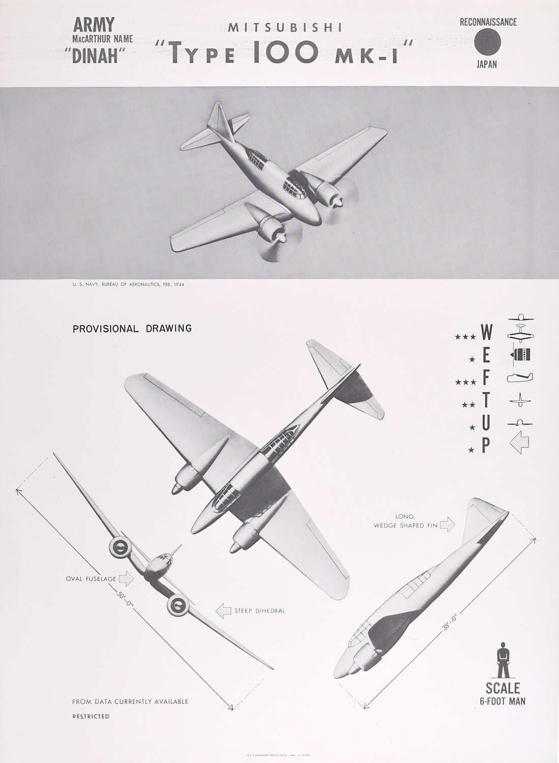 1944 Mitsubishi "Type 100 MK-1" Japanese survey plane identification poster WW2 - Print by Unknown