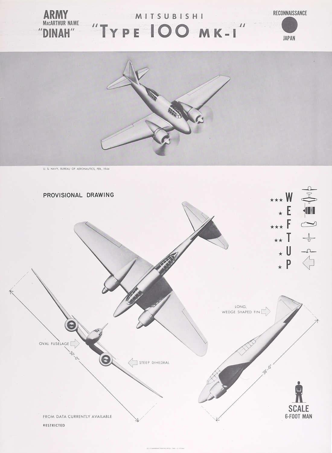 1944 Mitsubishi "Type 100 MK-1" Japanese survey plane identification poster WW2