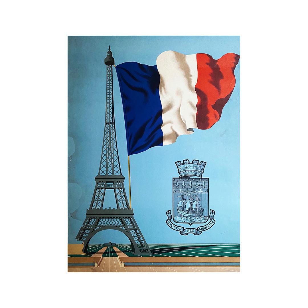 Affiche américaine d'origine de 1944 pour la libération de Paris - Seconde Guerre mondiale - Tour Eiffel en vente 1