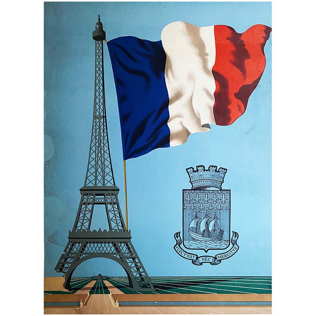 Affiche américaine d'origine de 1944 pour la libération de Paris - Seconde Guerre mondiale - Tour Eiffel - Print de Unknown