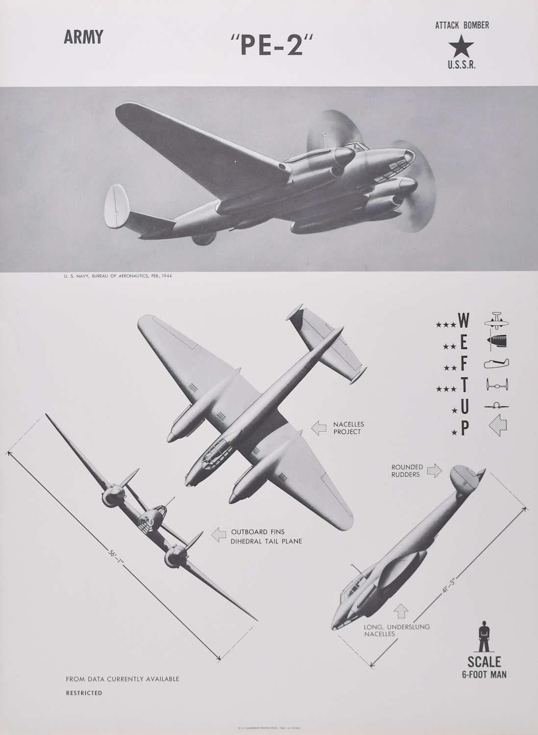 1944 "PE-2" Russian USSR attack bomber plane identification poster WW2 - Print by Unknown