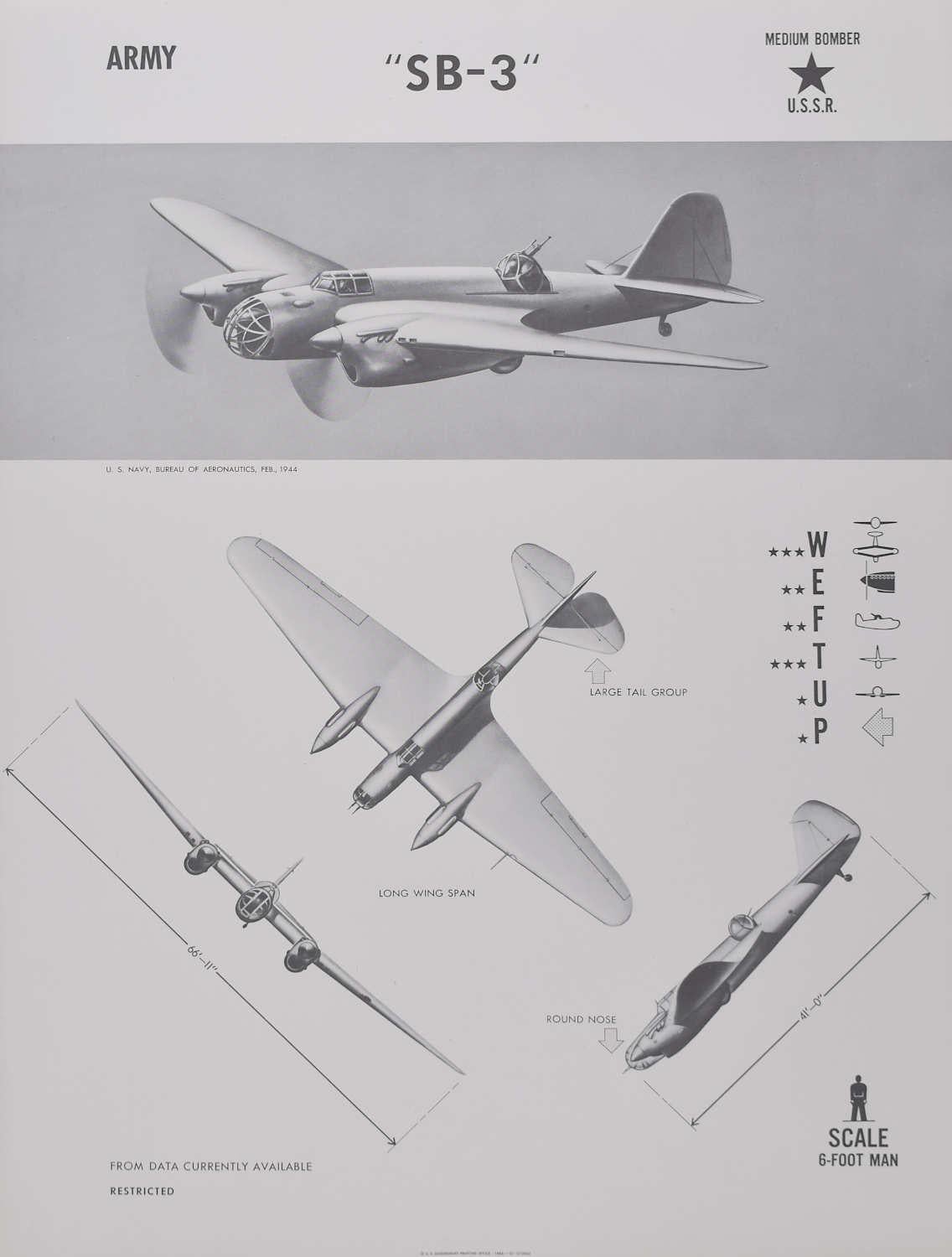 1944 "SB-3" Russian USSR medium bomber plane identification poster WW2 - Print by Unknown