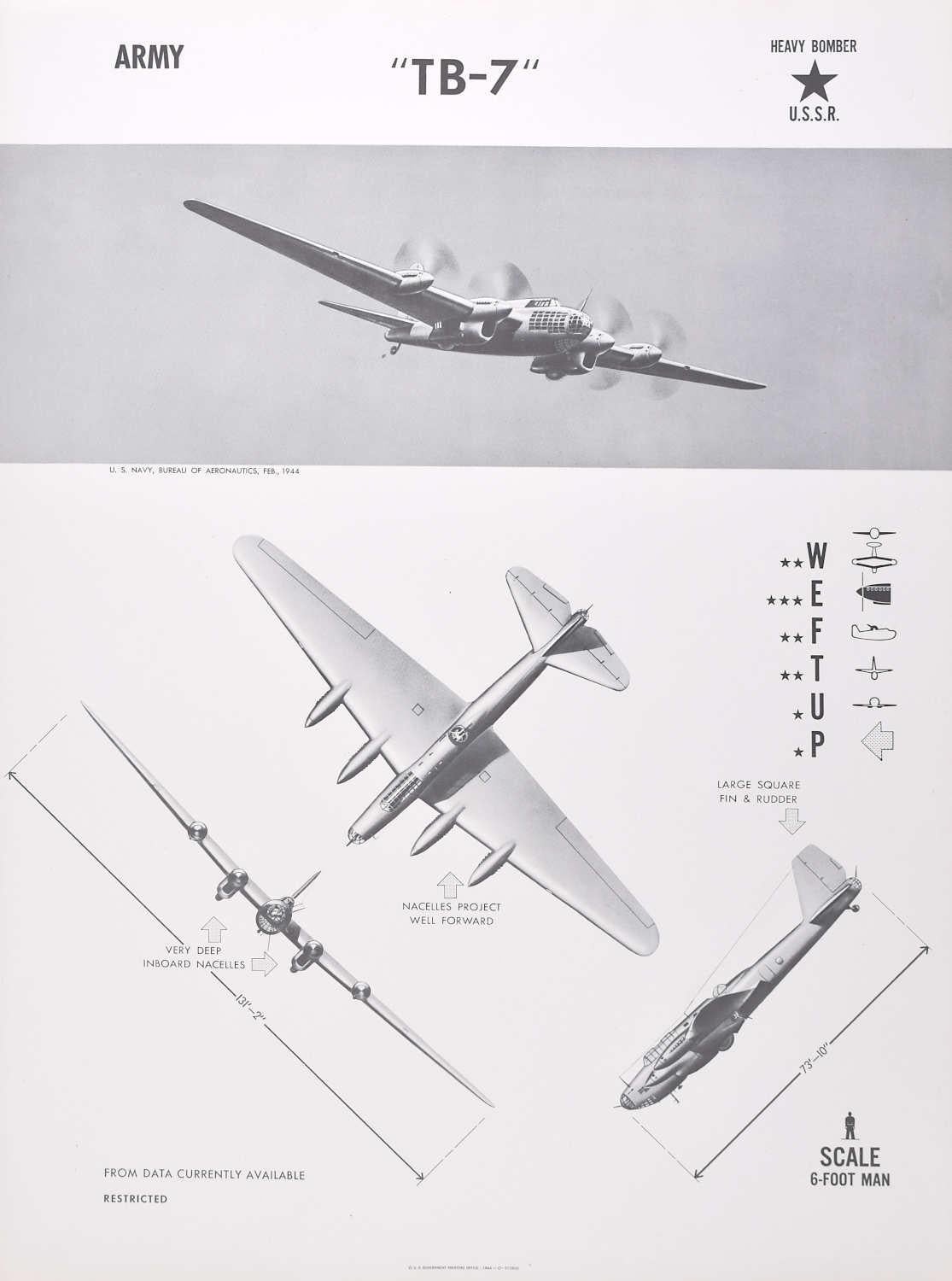 1944 ""TB-7" UdSSR schweres Bomberflugzeug Identifikationsplakat WW2 – Print von Unknown