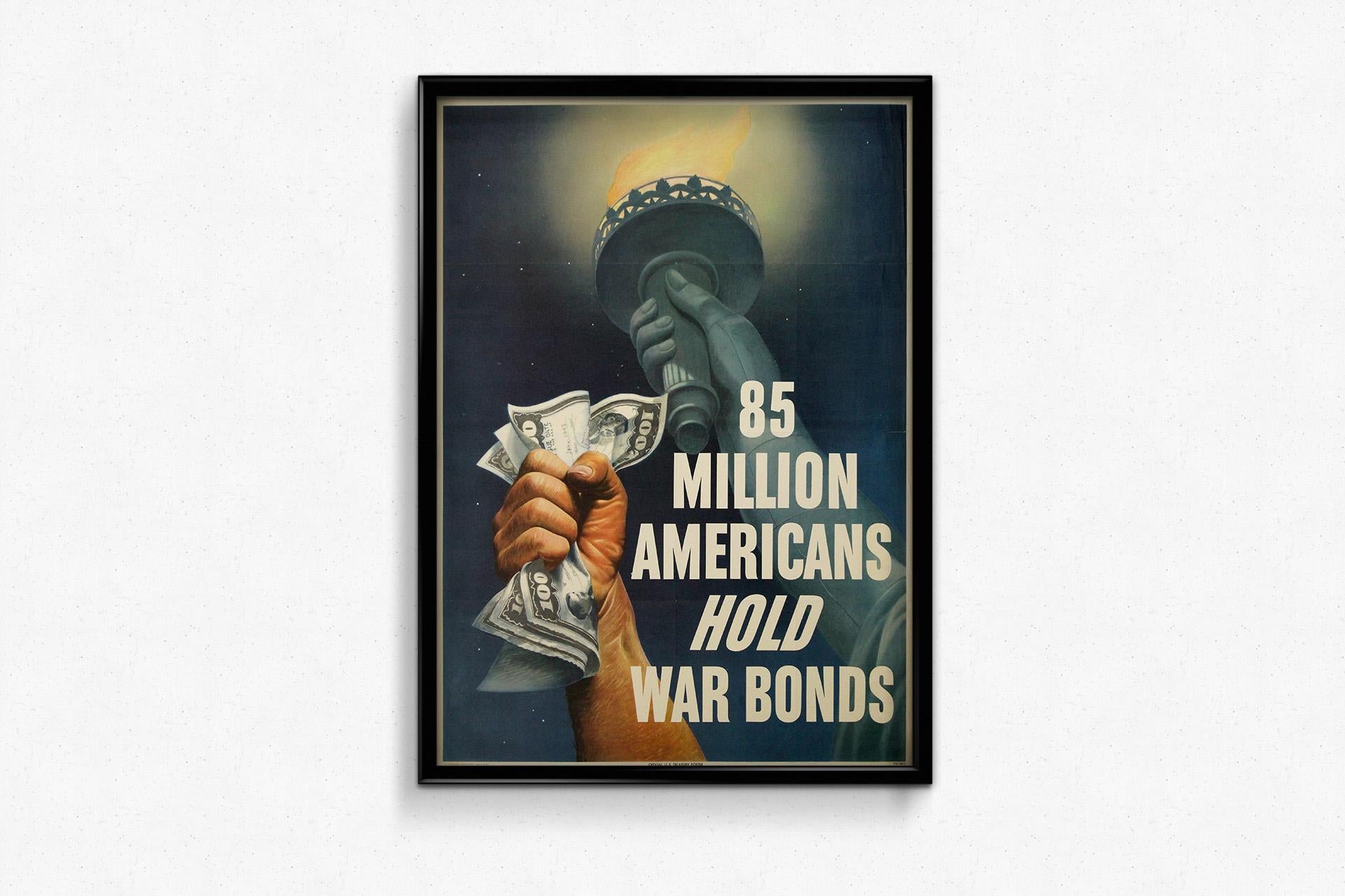 This 1945 original U.S. Treasury poster arrives not as a call to arms, but as a declaration of triumph — visual proof that patriotism has a monetary form. Issued in the final year of World War II, it marks a turning point in American propaganda: no