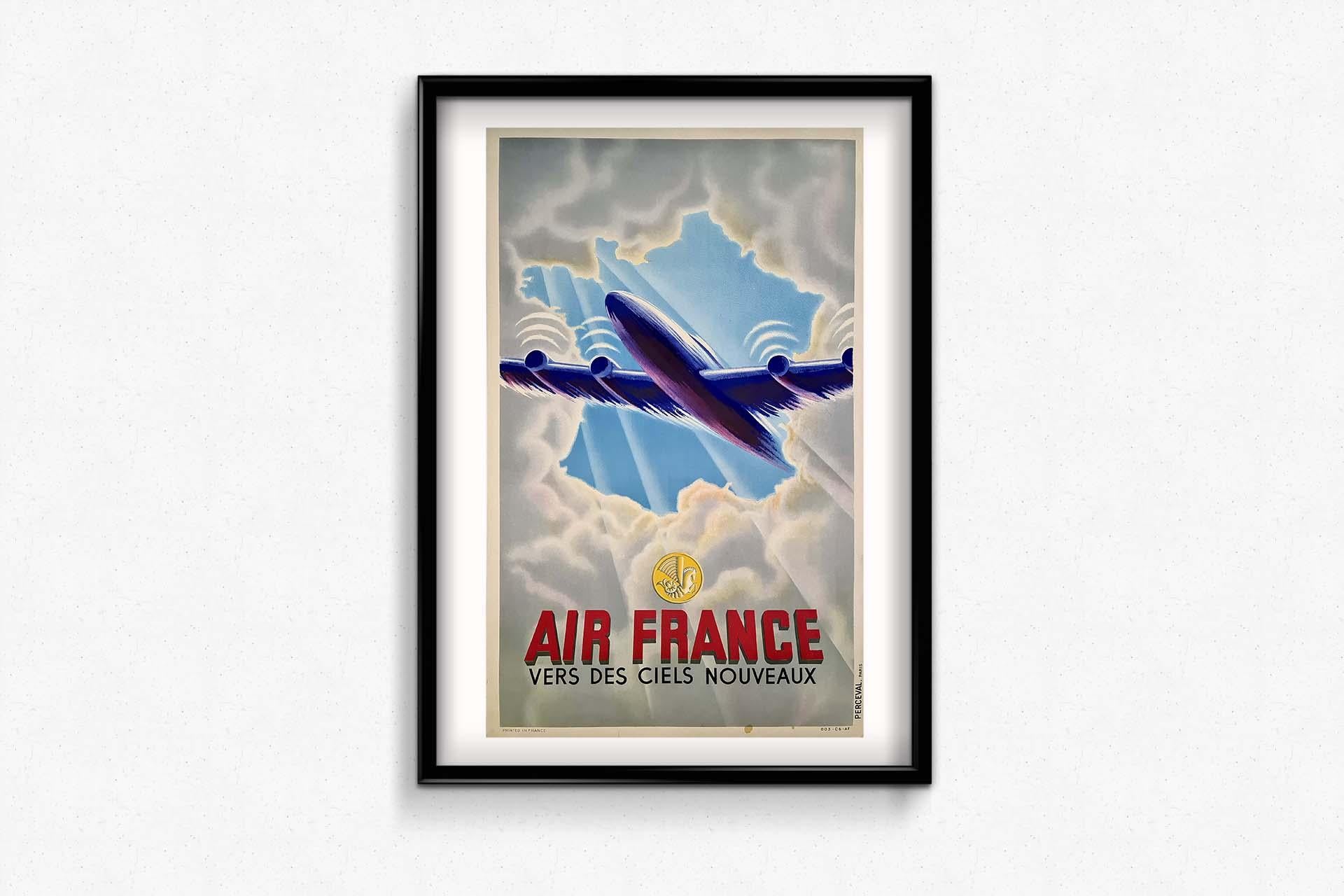 1946 original poster for the airline Air France printed by the workshop Perceval For Sale 2