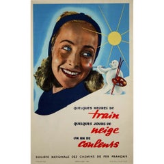 1947 Affiche SNCF France d'après-guerre - voyages en train vers des destinations hivernales