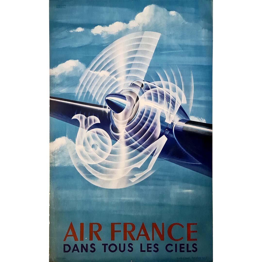 Beautiful poster created by the Perceval workshop in 1948, for the airline Air France.
The Air France logo is visible on the swirling propeller in the sky.