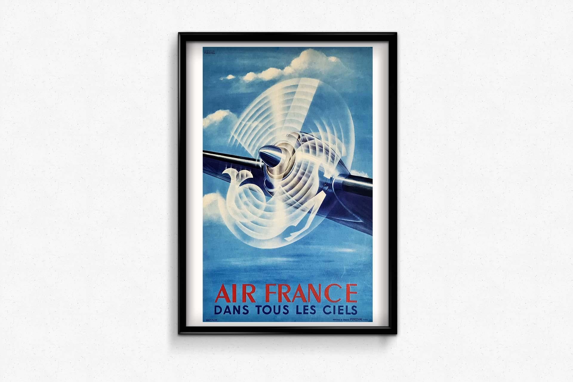 Beautiful poster created by the Perceval workshop in 1948, for the airline Air France.
The Air France logo is visible on the swirling propeller in the sky.