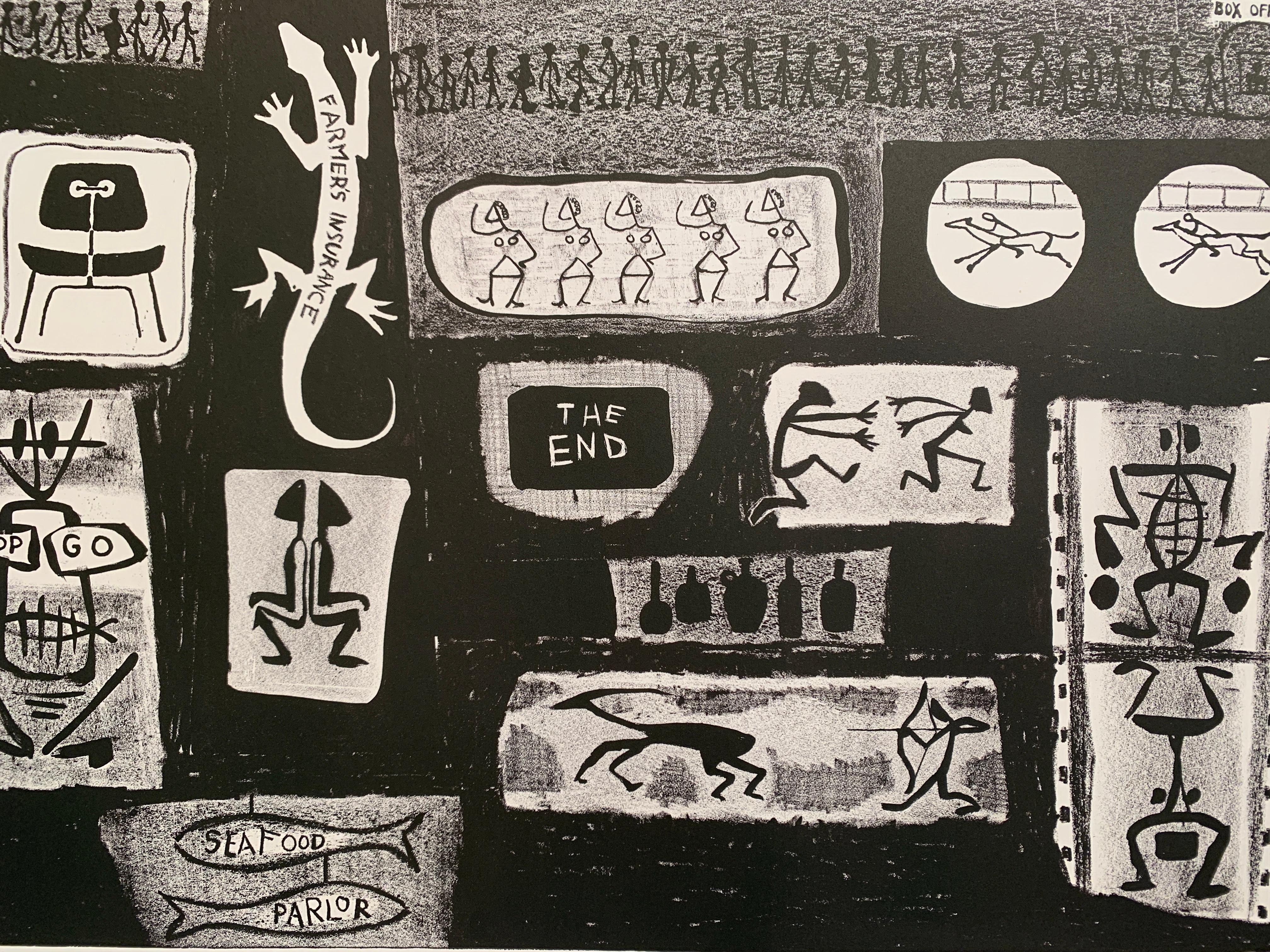 Abstrakte Steinlithographie „Cave Drawings“ aus dem Jahr 1950 (Grau), Abstract Print, von Unknown