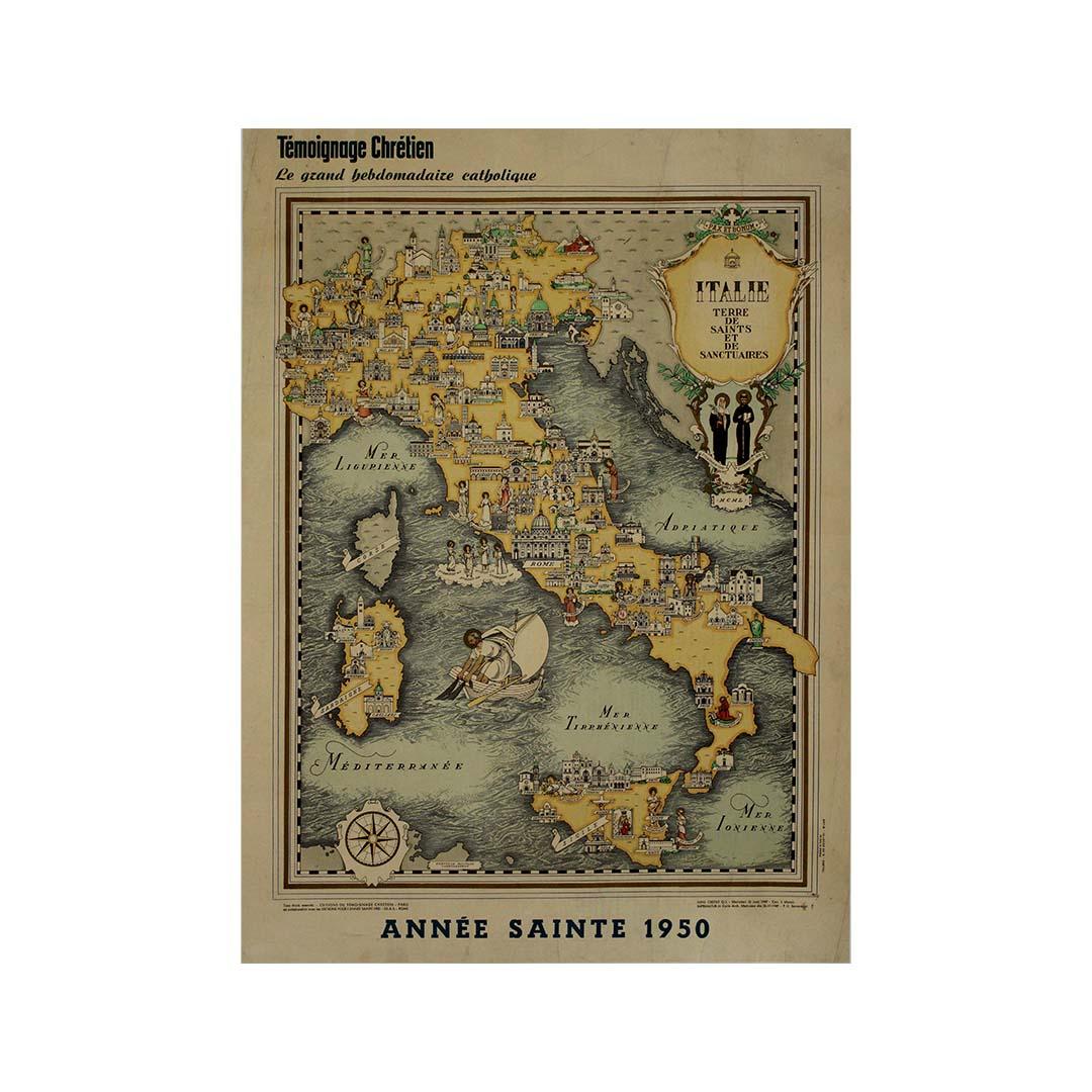 En 1950, une carte très détaillée et artistiquement illustrée, intitulée Italie Terre de Saints et de Sanctuaires, a été publiée dans Témoignage Chrétien, un grand hebdomadaire catholique français. Cette œuvre d'art magnifique et complexe reflète à