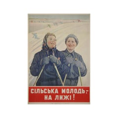 1950 Original Soviet Ski Poster “Rural Youth Go Skiing USSR Winter Sport”