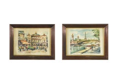 1950's Parisian Scene of La Seine and Cafe de la Paix Prints, Pair