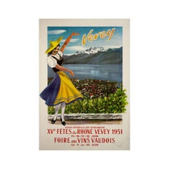 1951 original poster - XVe Fêtes du Rhône and the Foire aux Vins Vaudois - Vevey