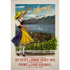 1951 original poster - XVe Fêtes du Rhône and the Foire aux Vins Vaudois - Vevey