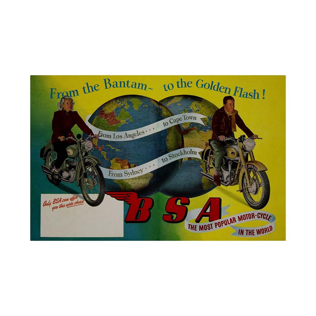 The 1952 original advertising poster for BSA, titled From the Bantam to the Golden Flash!, was a powerful marketing piece that celebrated BSA’s range of motorcycles, emphasizing their global popularity and universal appeal. With the tagline, The