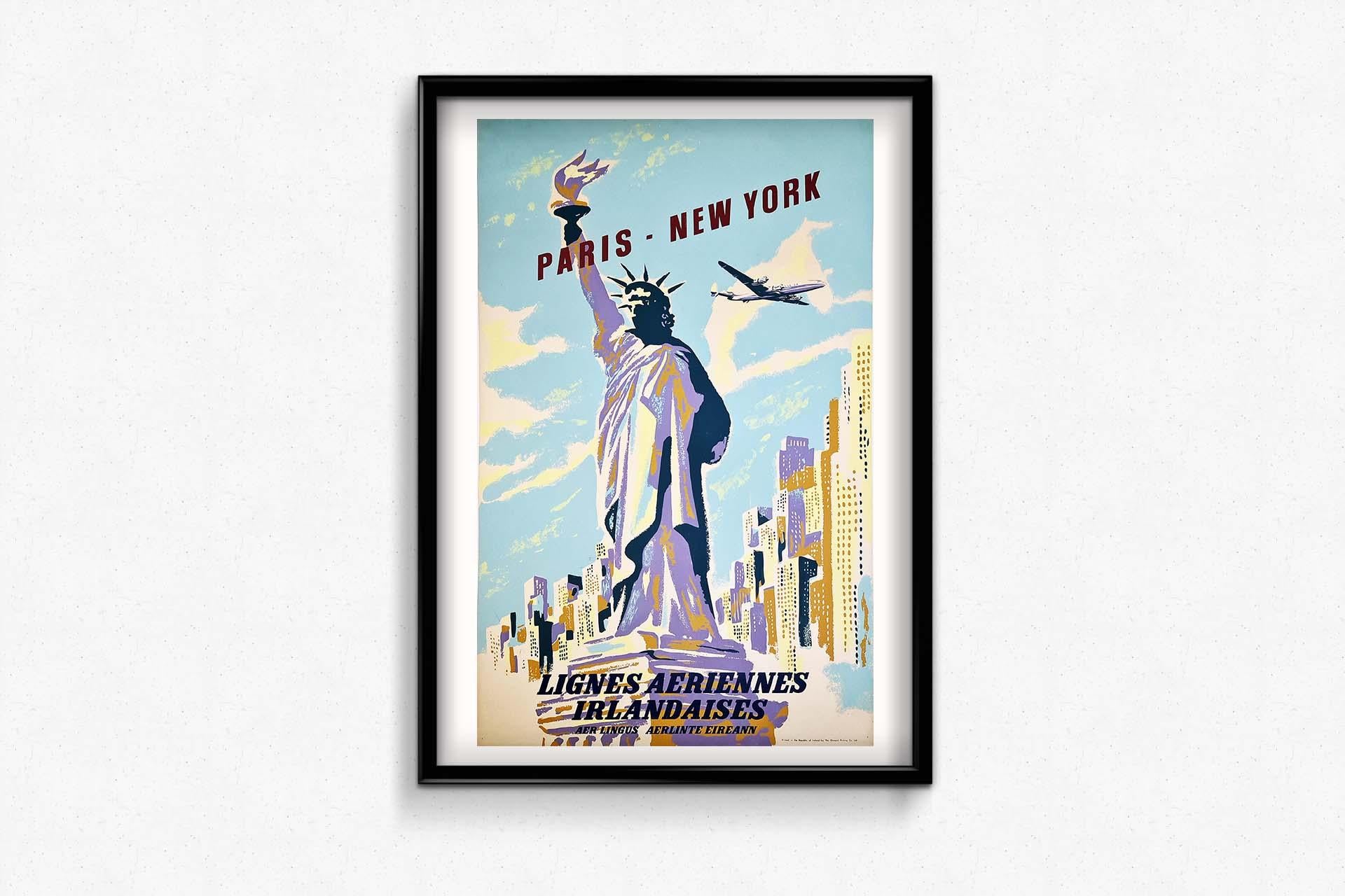 Original poster printed in silkscreen in 1952 for Aer Lingus, the Irish airline. We can see a Lockheed super-constellation flying over the Statue of Liberty and New-York.

Airline - Tourism

Aer Lingus - Statue of Liberty

The Ormond Printing Co