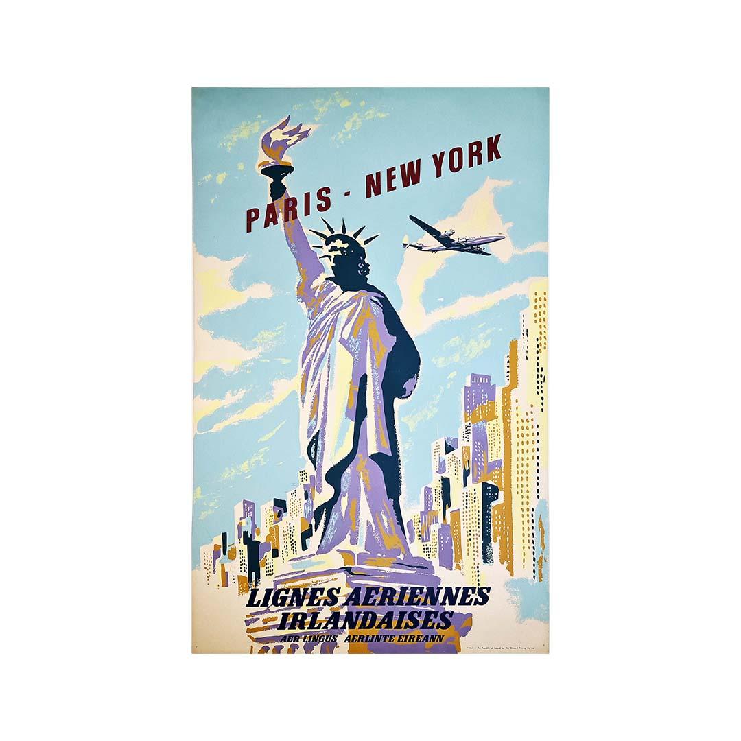 Affiche d'origine de 1952 pour Aer Lingus et les voyages de Paris à New York