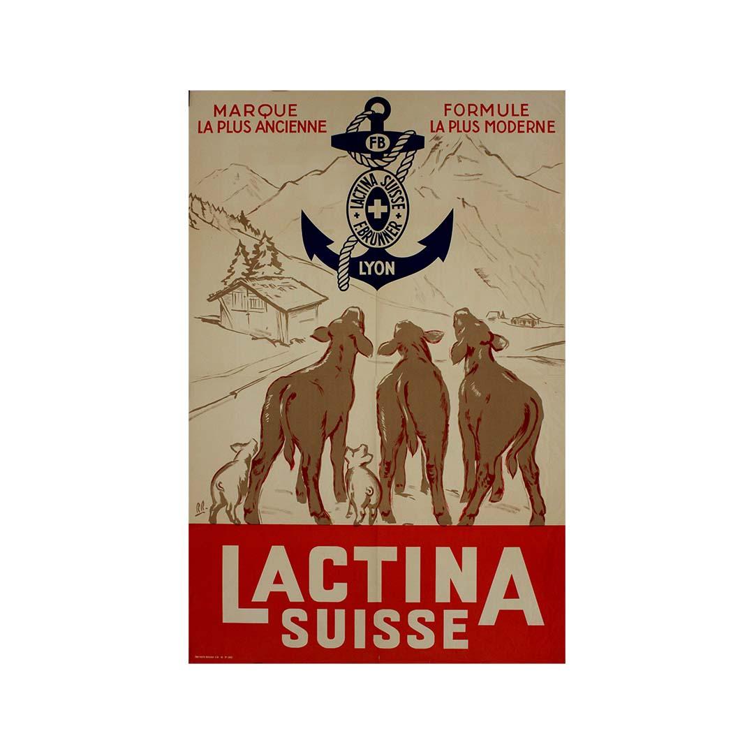 This charming and graphic 1953 French poster for Lactina Suisse, a product by F. Brunner of Lyon, showcases mid-century advertising design at its most appealing. Created by the artist R.R., the composition features a group of young calves and a