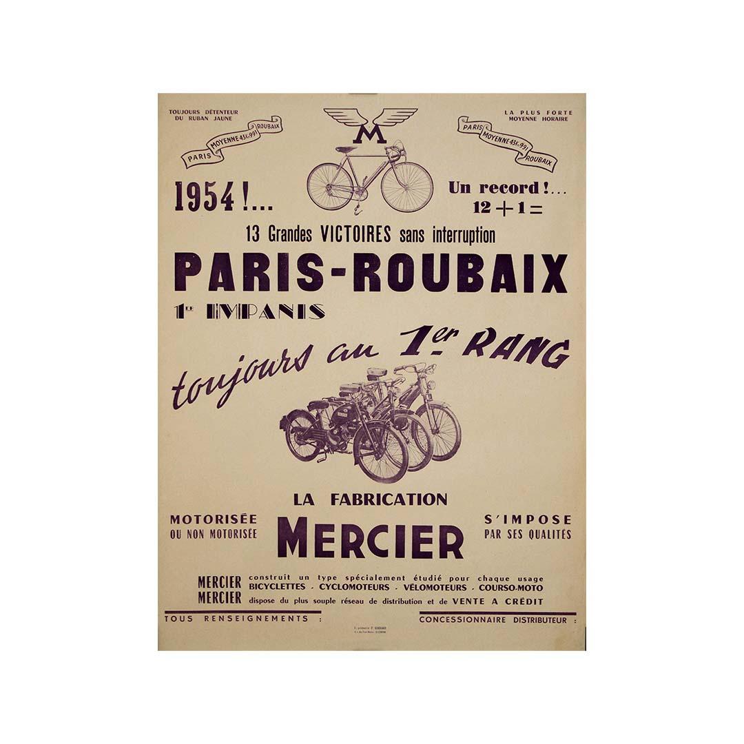 Affiche originale de 1954 célébrant la course Paris-Roubaix - Bicyclette Mercier en vente 2