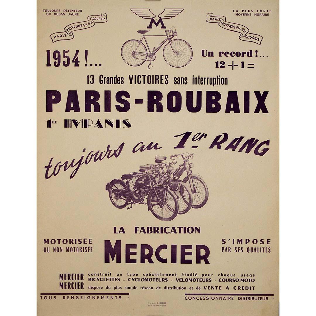 Affiche originale de 1954 célébrant la course Paris-Roubaix - Bicyclette Mercier