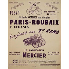 Manifesto originale del 1954 che celebra la corsa Parigi-Roubaix - Bicicletta Mercier