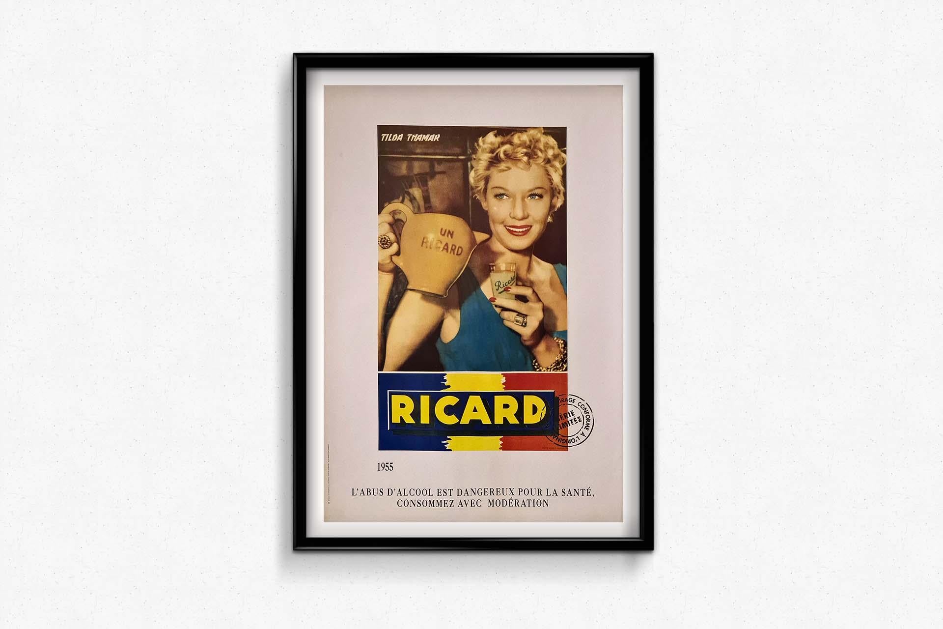 The 1955 original advertising poster featuring Tilda Thamar promotes Ricard, a well-known brand of pastis. Thamar, a renowned Argentine actress, dancer, and singer, adds allure and sophistication to the advertisement. Her elegant presence suggests a