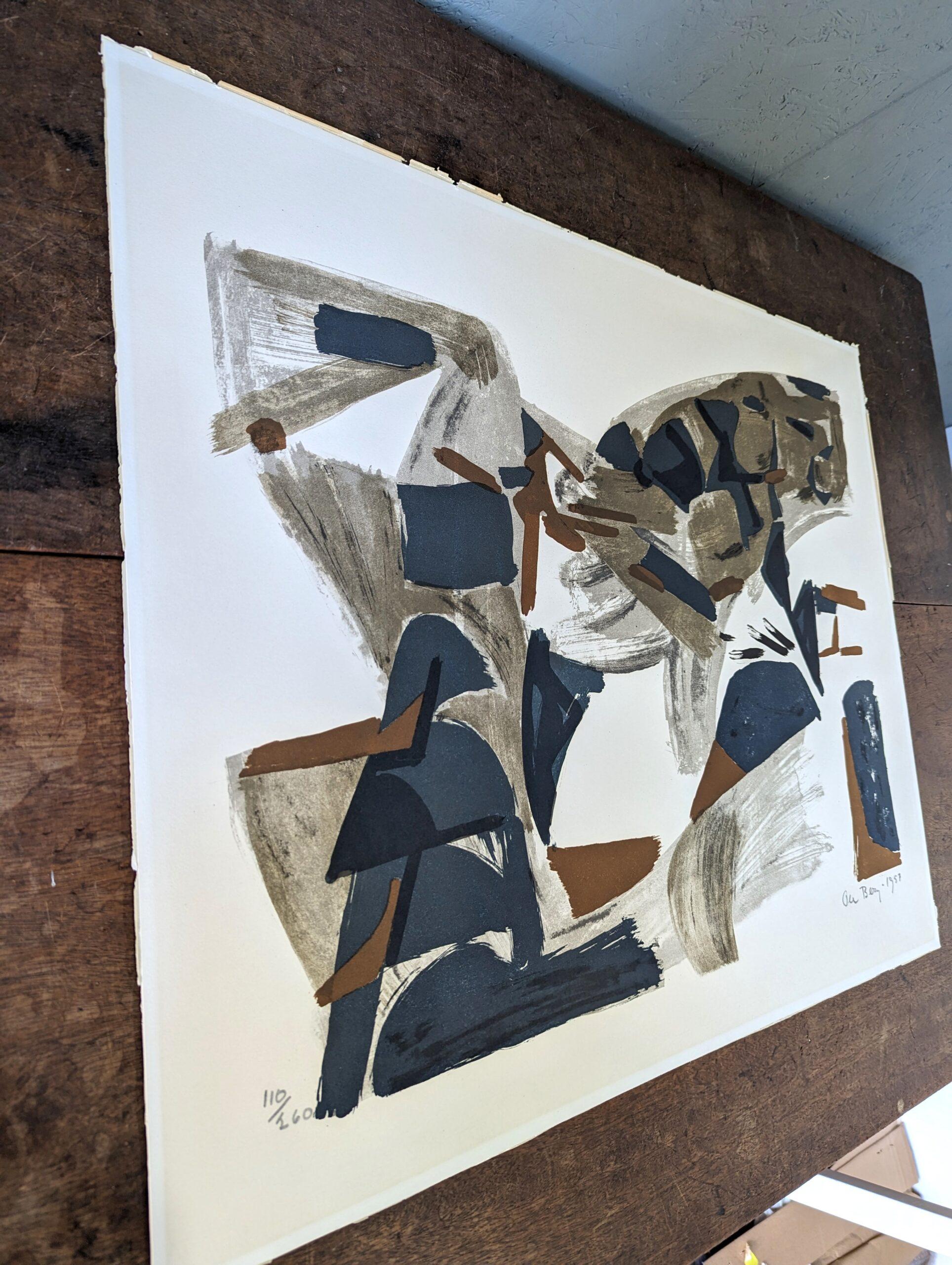 Lithographie suédoise abstraite signée Ole Berg, Mark & Line, 1957 - Abstrait Print par Unknown