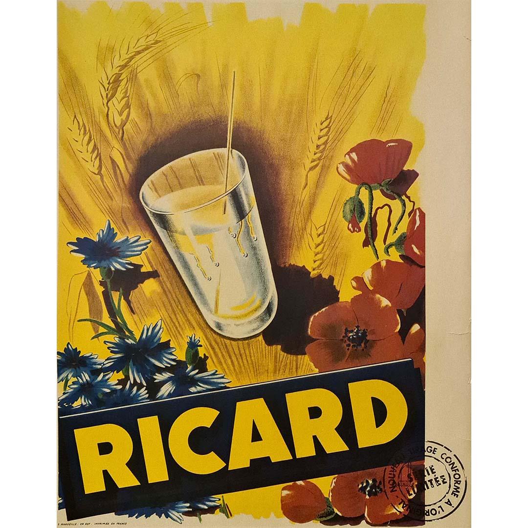 The 1957 original advertising poster for Ricard presents an iconic image of leisure and conviviality associated with the popular French pastis brand. This poster likely aimed to capture the essence of the Mediterranean lifestyle, which Ricard often